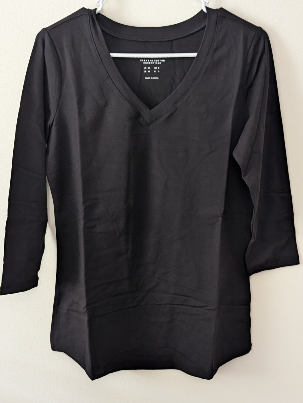 Susan Graver Weekend Essentials Comfy Cotton V-Neck 3/4 Sleeve Tunic Black  XS